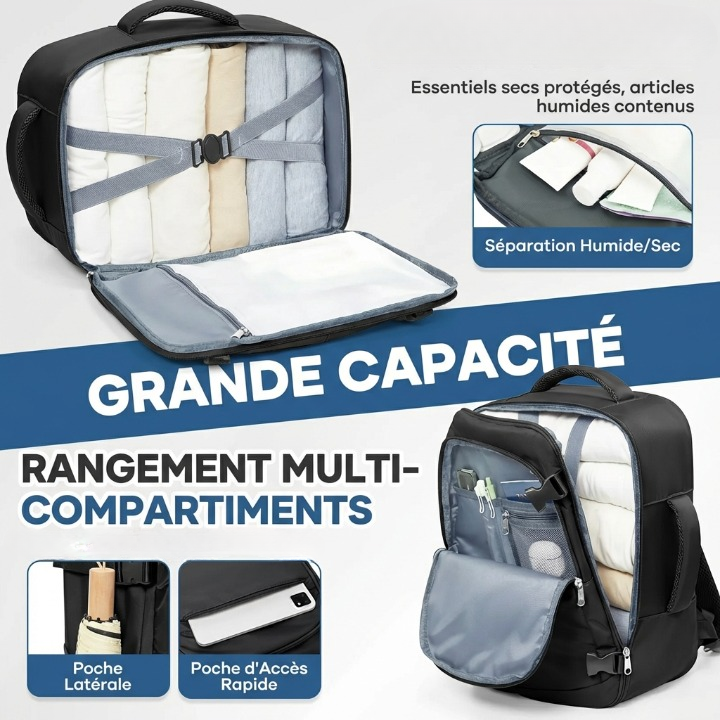 Sac à Dos cabine avion 40x20x25 avec compartiments multiples