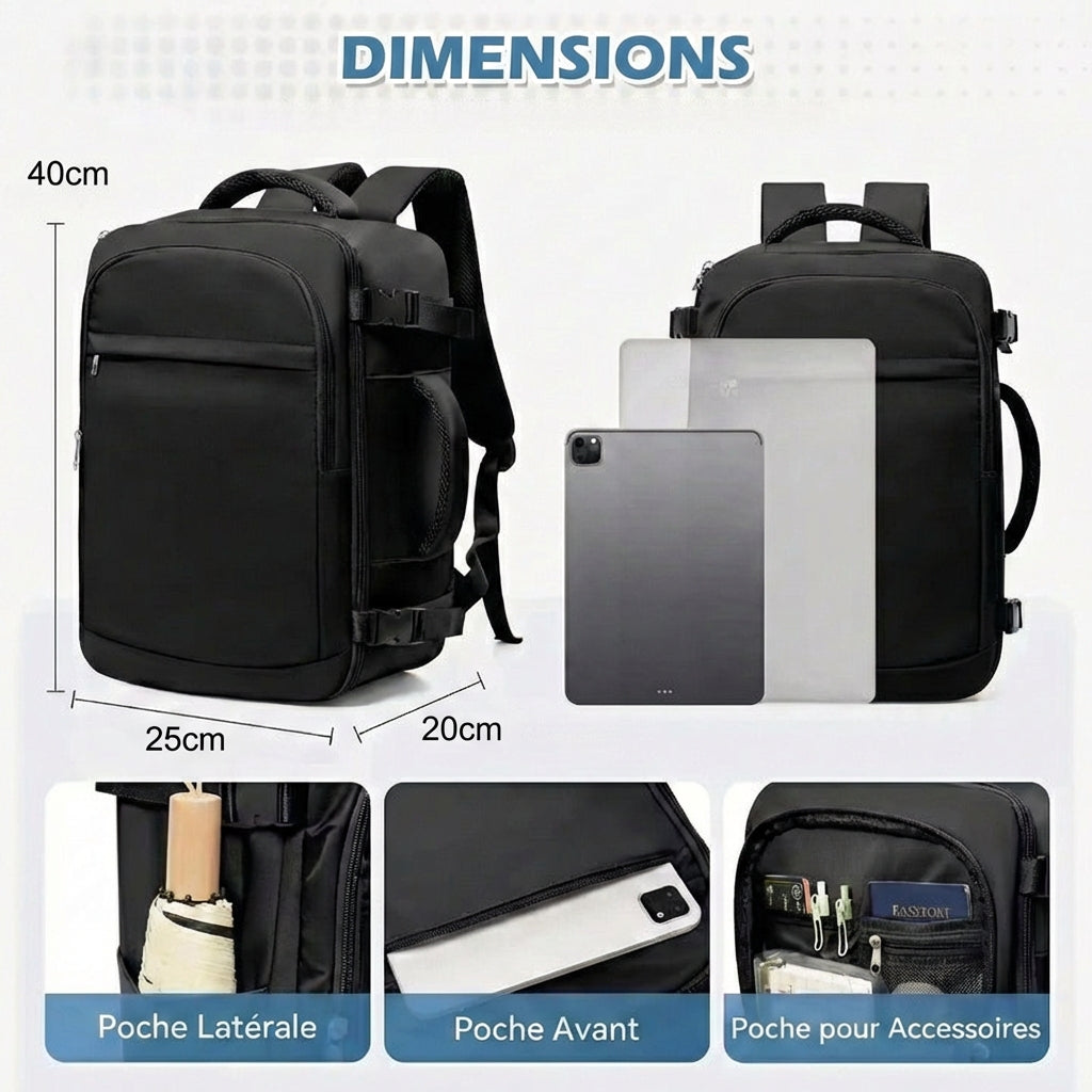 Sac à Dos cabine avion 40x20x25 avec compartiments multiples