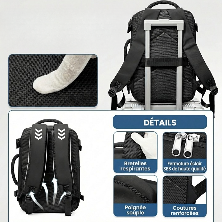 Sac à Dos cabine avion 40x20x25 avec compartiments multiples